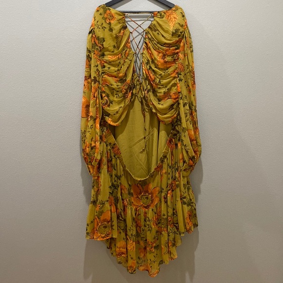 ASOS Curve Mustard Yellow Floral Long Sleeve Lace Up Back Dress Size 26 - Picture 2 of 6